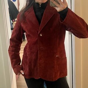 B.U.M. Red Blazer Suede Leather Fitted Jacket with silver button detail.​